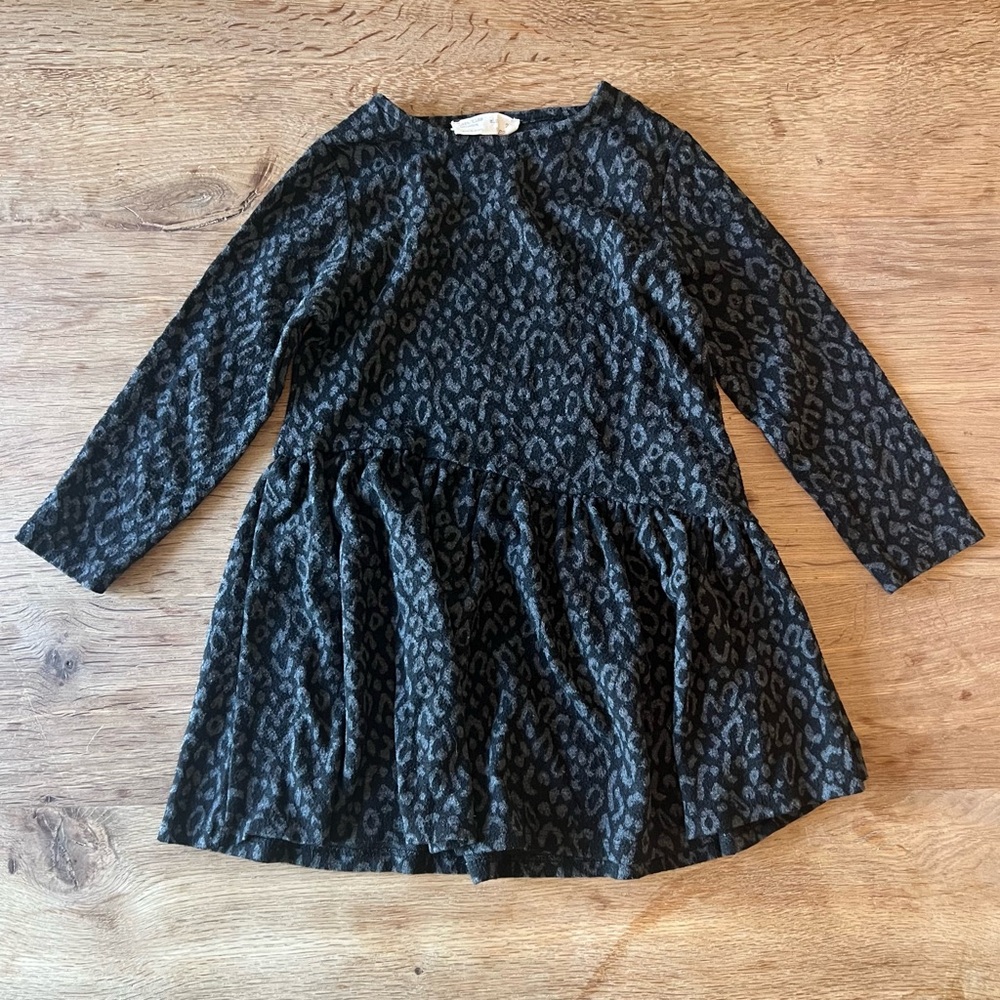Zara Girls Black and Gray Leopard Print Knit Dress - Size 7